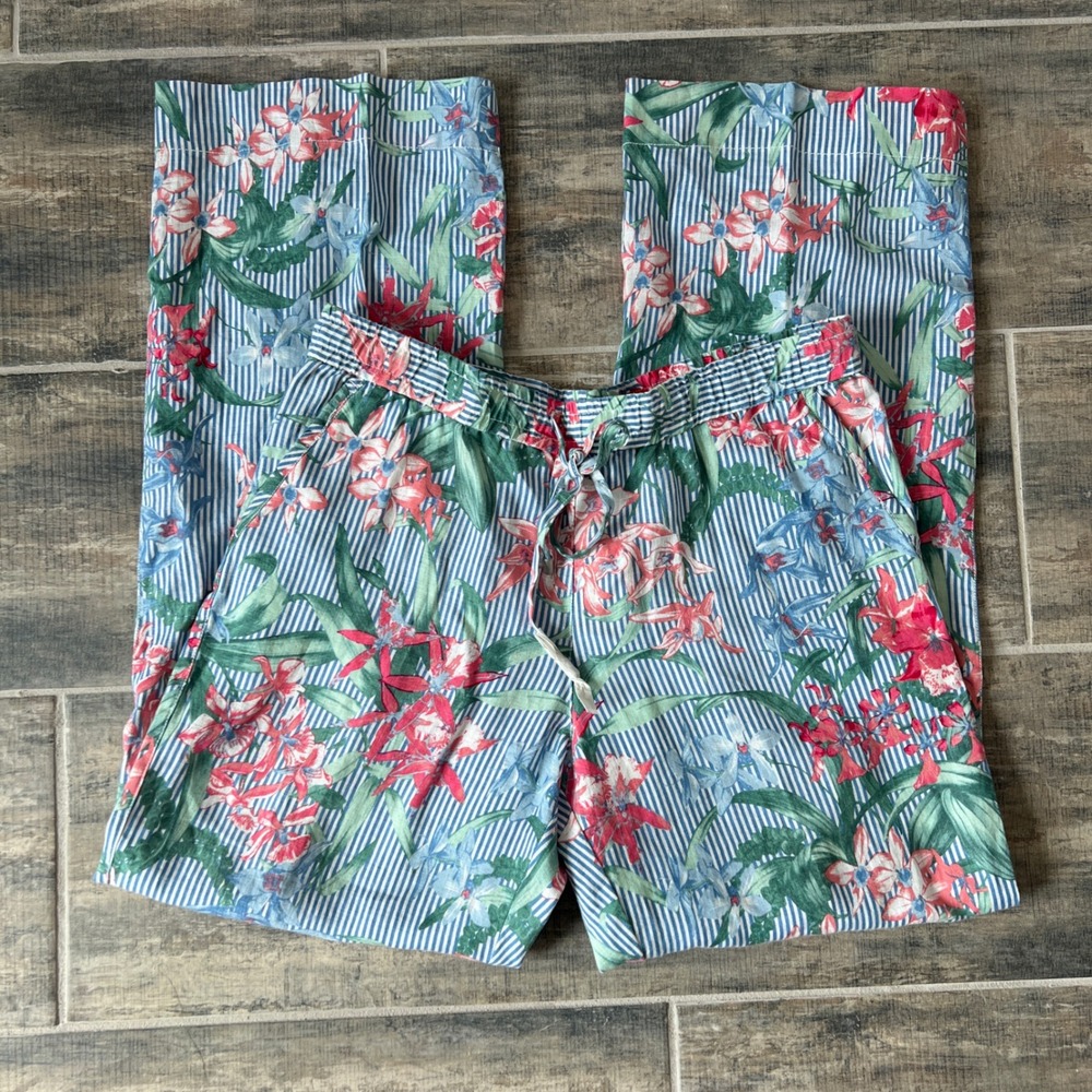 Tommy Bahama Orchid Isle Stripe Easy Pant Women M Blue Floral Linen Wide Leg - Picture 2 of 8